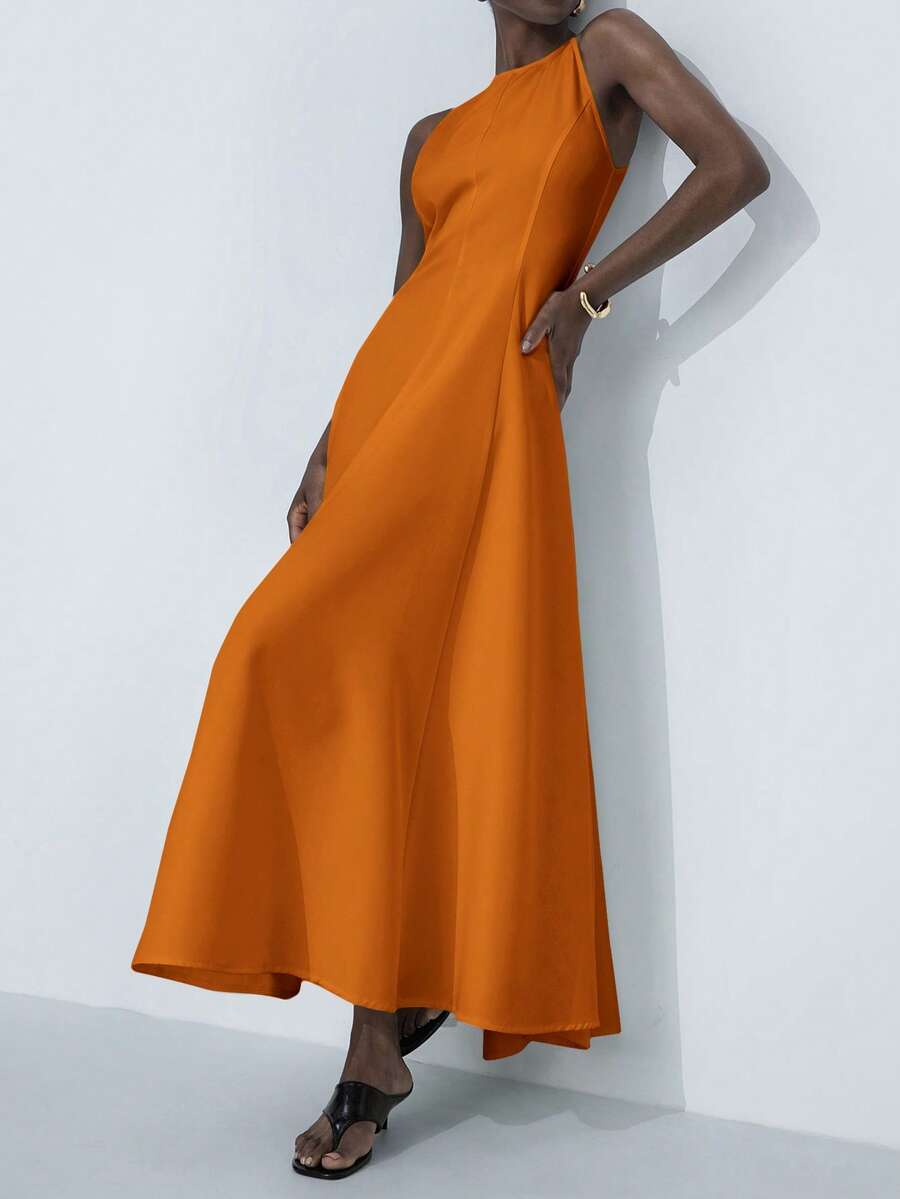 Aveloria Modichic Elegant Round Neck Sleeveless Oblique Shoulder Cinched Waist Exaggerated Pleated Ruffle Maxi A-Line Dress For Commuting - Orange - View 1