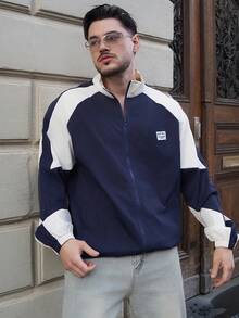 LEOGASHI LEOGASHI Chaqueta de cuello alto de manga larga con bloques de color retro para hombre, ropa de abrigo casual de estilo universitario, esencial minimalista, otoño - Azul - Ver 5
