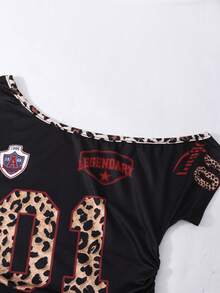 SHEIN 2件套少女豹纹字母露肩优雅短袖上衣搭配层叠荷叶边半裙套装，适合派对、外出、日常穿着。女童豹纹半裙，女童半裙上衣套装，女童服装套装，女童服装，女童豹纹套装，女童服装，少女服装，豹纹半裙套装，女童服装，女童套装。 - 彩色 - 查看 3
