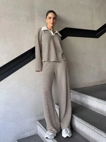 Marta Soriano Conjunto de 2 piezas para mujer con camiseta de manga larga de hombros caídos de cuello en V a rayas y pantalones a rayas de cintura elástica, traje de suéter de invierno, otoño/invierno - Marrón - Ver 4