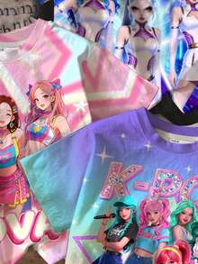 年轻女孩休闲简约时尚街头风卡通偶像团体图案圆领短袖基础款T恤 - 彩色 - 查看 6