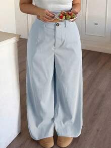 SHEIN PETITE CURVE Solid Color Casual Loose Comfortable Pants - Blue - View 1