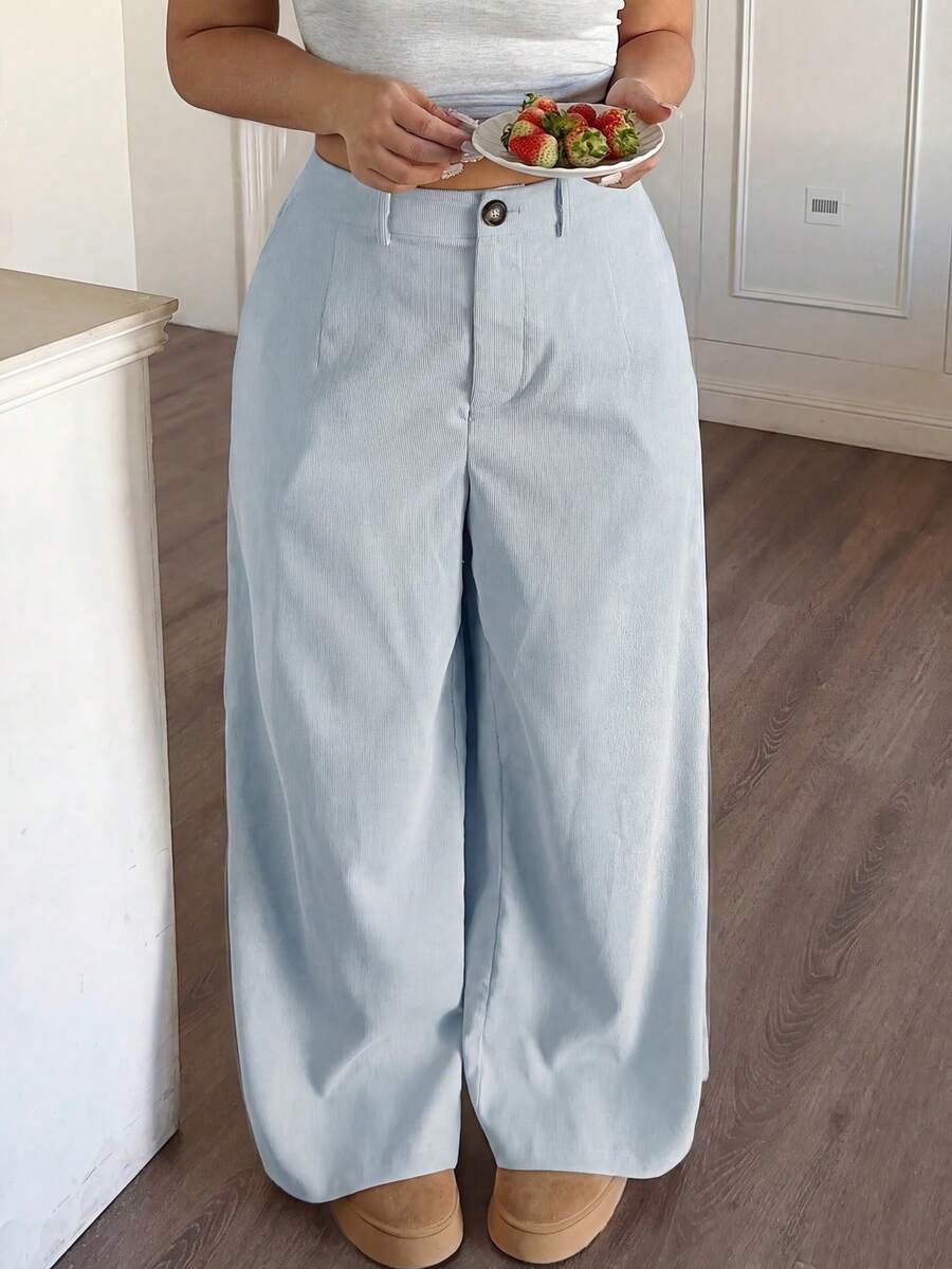 SHEIN PETITE CURVE Solid Color Casual Loose Comfortable Pants - Blue - View 1