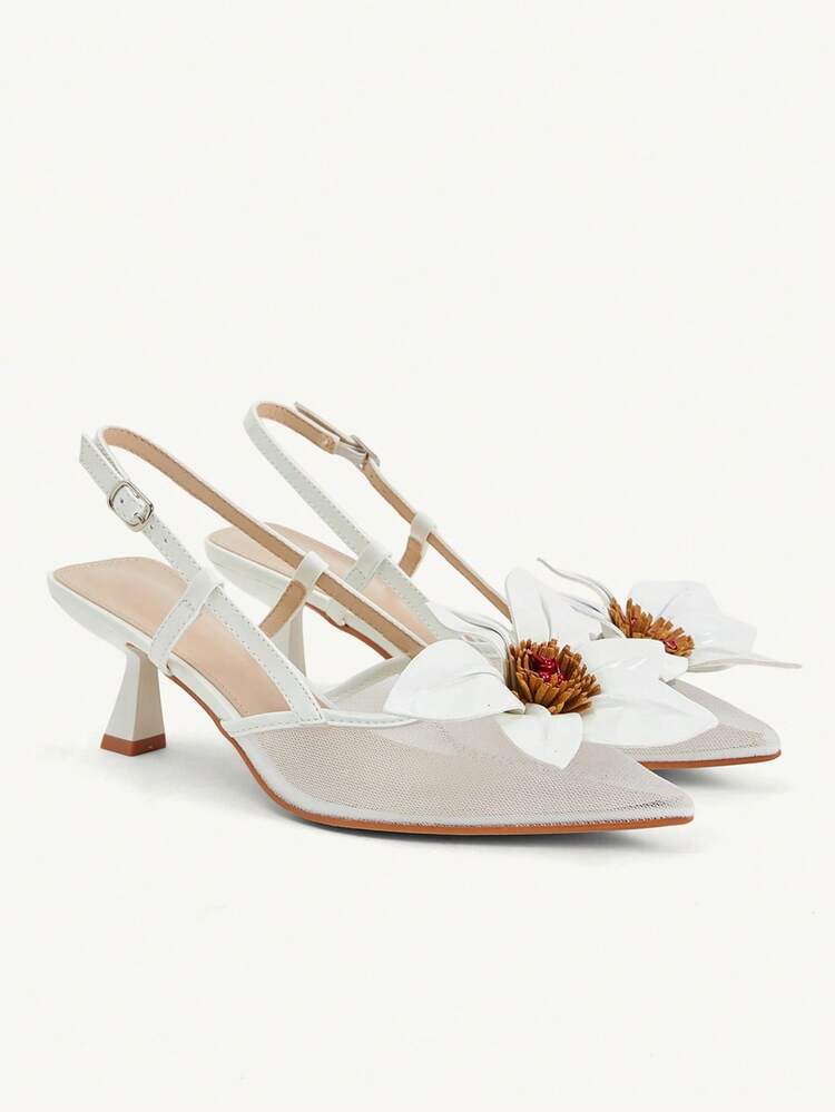CUCCOO CHICEST Solid Color Faux Flower Decor Pointed Toe Elegant High Heel Sandals For Summer