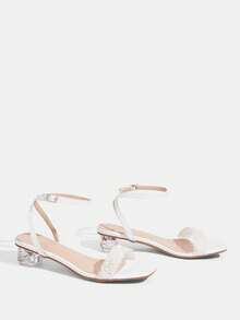 CUCCOO TILAWA Stylish And Transparent Special-Shaped Thick-Heeled Women's Rhinestone Decorative Naked Sandals, Square-Headed Glossy High-Heeled Sandals, Comfortable Heel-Shaped Banquet Daily Women's Sandals Summer Shoes Summer Shoes - White - View 3