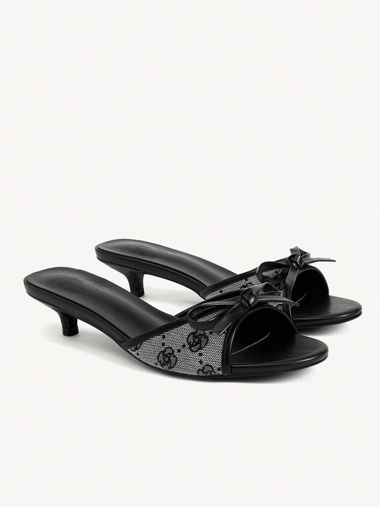 CUCCOO CHICEST Women Shoes Black And White Contrasting Color Rose Print Bow Design Elements Fashionable And Comfortable Spring And Summer Vacation Kitten And Cool Slippers