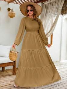 EURMUSE LANTERN LONG SLEEVE LAYERED LONG DRESS - Camel - View 6