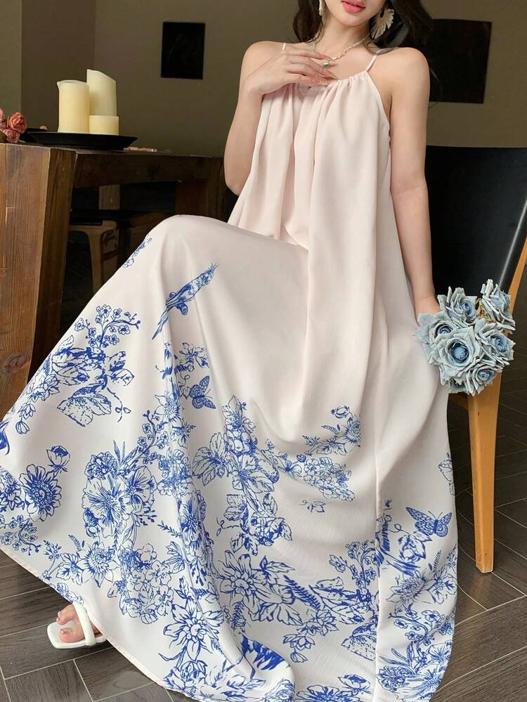 Women's Tie-Neck Sleeveless Printed Long Casual Dress Boho