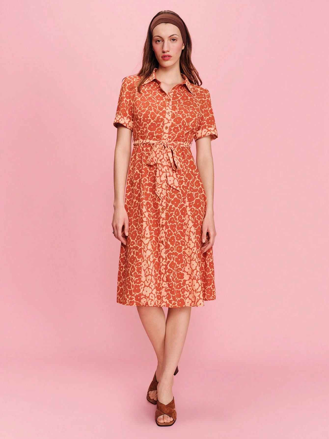 Camel Maxi Shirt Dress With White Flowers And Short Sleeves Office Dress Wedding Guest Dress Vacation Dress Floral Dress Spring Summer French Style Parisian Style Work Dress Festival Dress