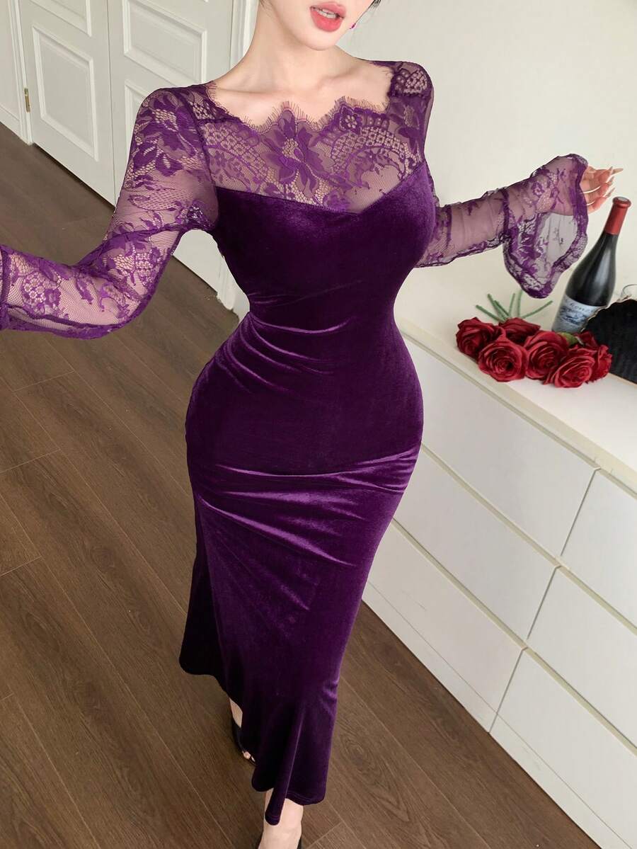 DAZY Autumn Lace Patchwork Square Neck Long Sleeve Cinched Waist Velvet Elegant Elegant Women's Mid-Length Dress - Purple - View 1