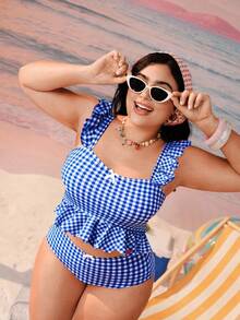 Swim Mod Bộ đồ bơi mùa hè cỡ lớn dành cho nữ, họa tiết kẻ caro, trang trí nơ, gồm áo tankini và quần tam giác. - Xanh và trắng - Xem 1