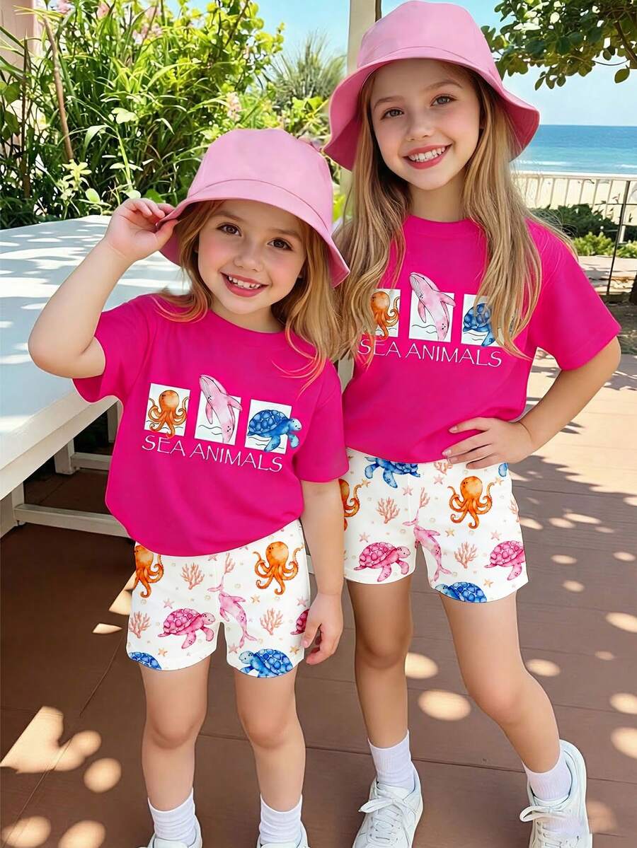 Young Girl Ocean Creature Print T-Shirt And Shorts Set, Casual Vacation Outfit
