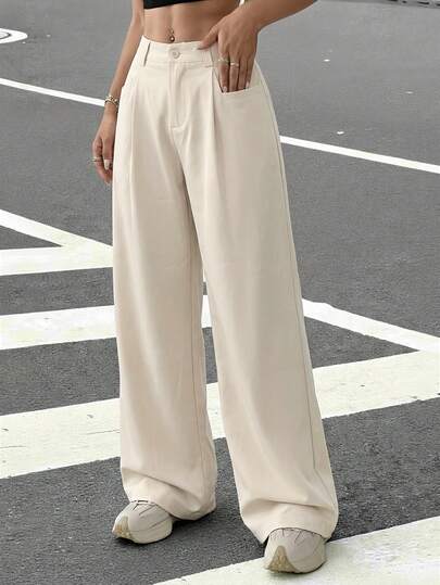 SHEIN EZwear Pantalones cargo anchos y sueltos de estilo vintage color albaricoque para mujer, primavera/verano