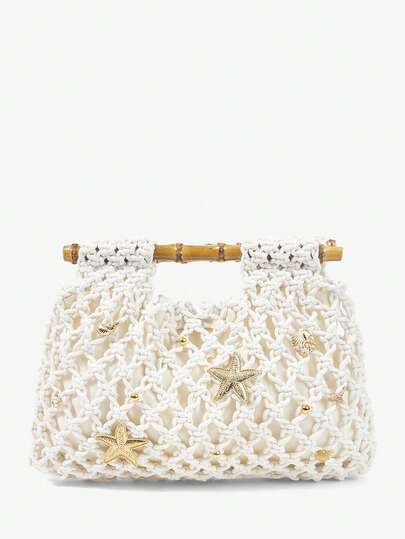 Maija 女士时尚优雅简约镂空手工钩编金色海洋元素装饰木质手提包，适合夏季假期海边沙滩派对