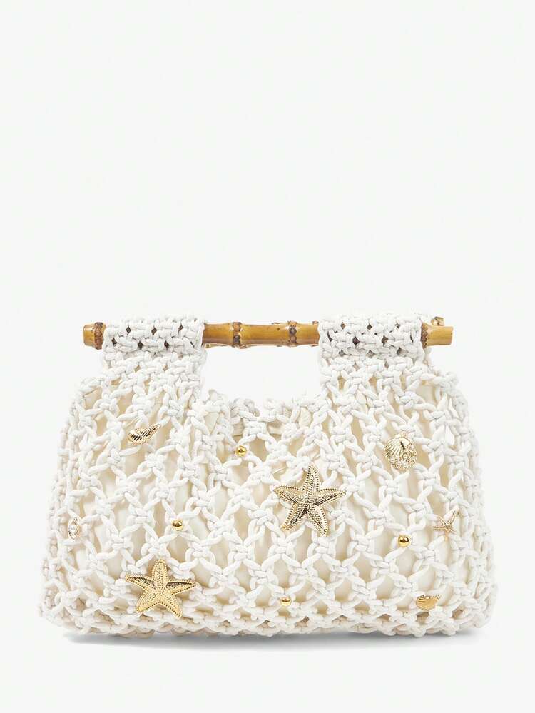 SHEIN Maija Damen Modische elegante einfache Cut Out handgefertigte gehäkelte goldene Ozean-Elemente dekorative Holztasche, für Sommerurlaub Strandurlaub Strandparty