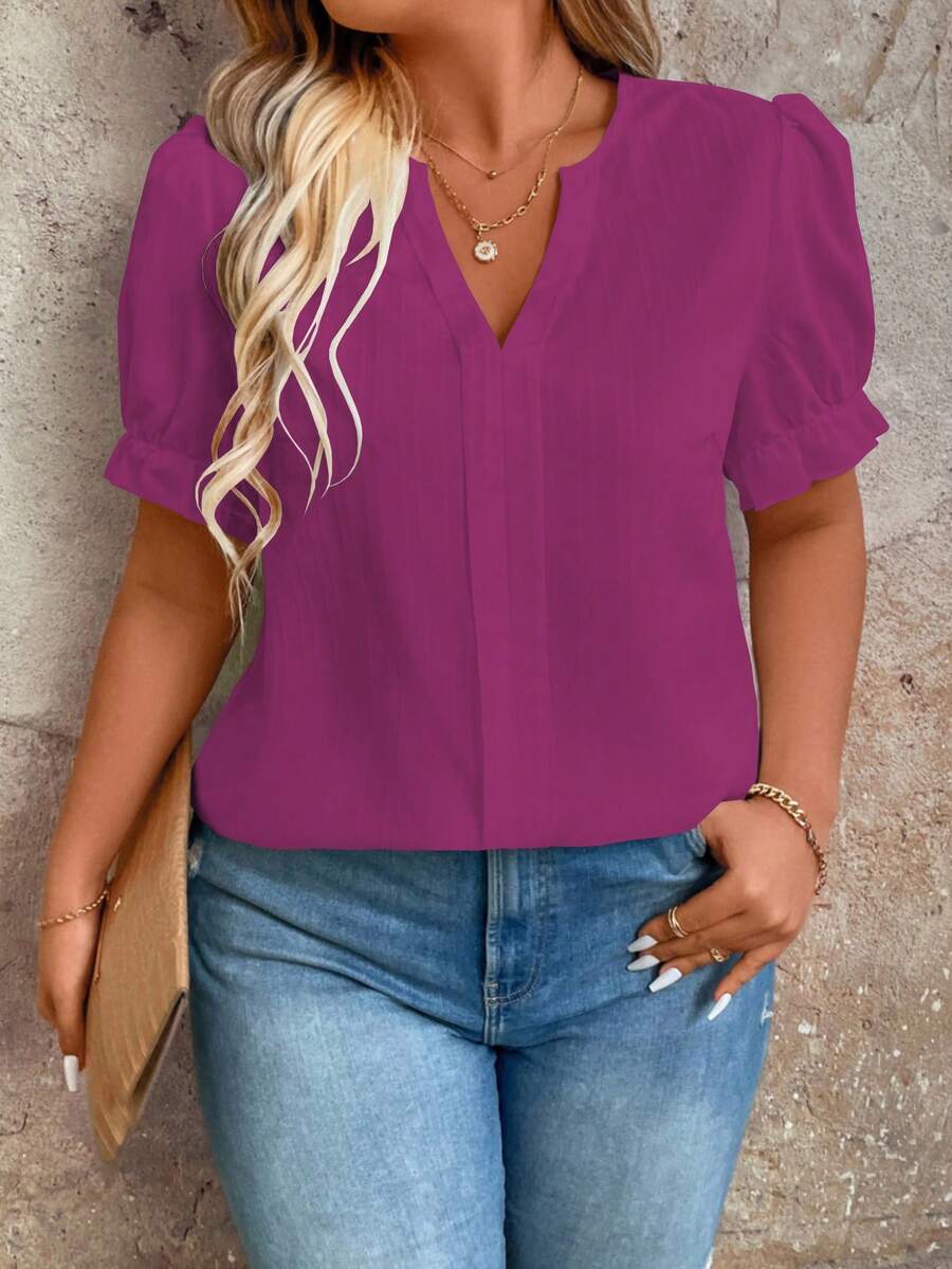 EMERY ROSE Plus Size Women's Solid Color V-Neck Casual Versatile Daily Wear Shirt - Red Violet - View 1