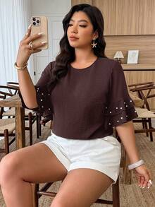 Weeklong Áo kiểu nữ cỡ lớn cổ tròn tay bồng đính cườm, thích hợp mặc mùa xuân/hè. - màu nâu - Xem 7
