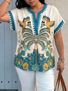SHEIN LUNE Plus Size Women's V-Neck Floral Print Casual Vacation Shirt, Spring/Summer - Multicolor - View 5