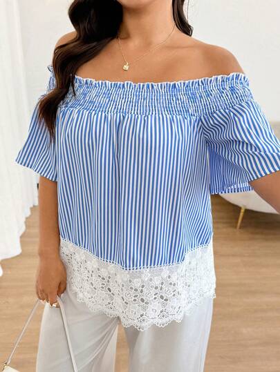 Easura Camisa casual, cómoda y versátil para vacaciones de mujer talla grande con hombros descubiertos, manga corta, dobladillo suelto y volantes a rayas azules y blancas