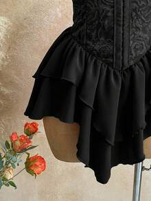 Soleia 女士浪漫度假连衣裙，红色提花纹理褶皱腰部拼接荷叶边肩带多层荷叶边下摆A字雪纺迷你连衣裙，休闲、约会、情人节、下午茶、海滩、邮轮、城市度假、音乐节、派对、波西米亚风、嬉皮风、西部风、日常通勤、情人节红色连衣裙 - 黑色 - 查看 5