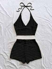 Soleia Conjunto de 2 piezas de top de punto texturizado con escote en V y tirantes finos de color amarillo claro, y shorts, estilo romántico y campestre, bohemio, floral romántico, para vacaciones - Negro - Ver 2