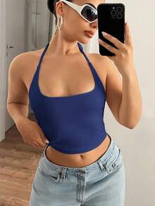 SHEIN ICON 女士纯色露背系带性感百搭休闲上衣 - 藏蓝色 - 查看 3