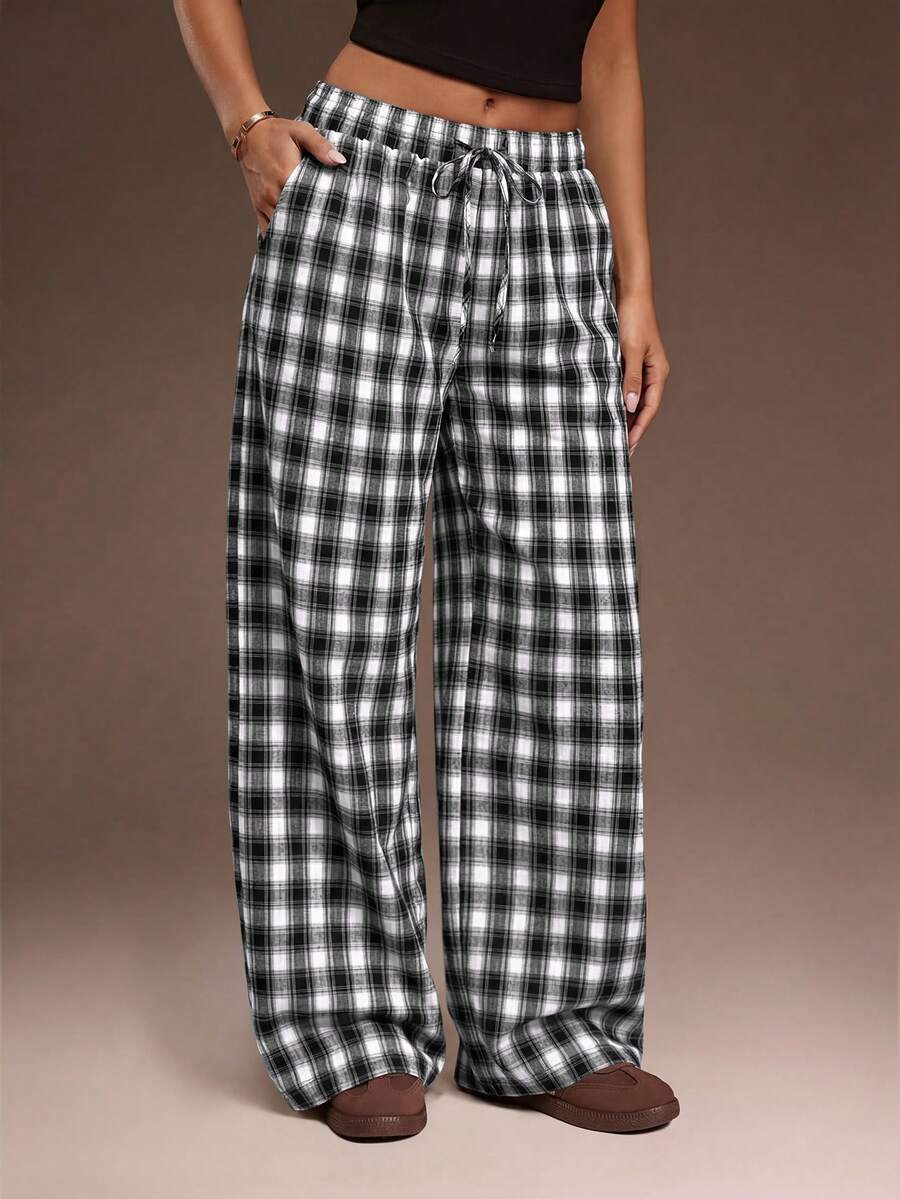 SHEIN ICON Women's Brown Baggy Plaid Minimalist Casual Pants - Black and White - View 1