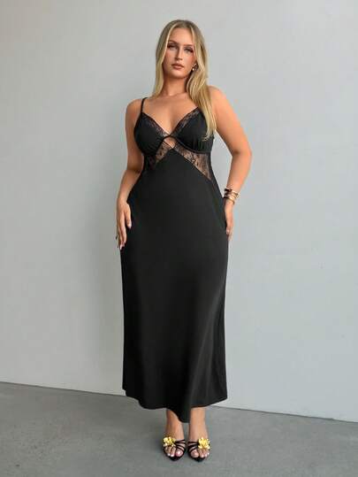 Auralis Plus Size Summer Contrast Lace Solid Color Backless Camisole Dress