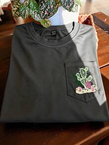 Camiseta de algodón vintage, diseño de bolsillo bordado con cactus del desierto, top casual de manga corta para verano, camiseta diaria para mujer - Gris Oscuro - Ver 4