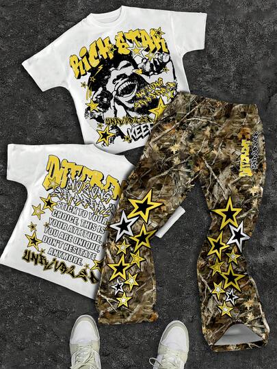 2pcs/Set Teen Boy Casual Minimalist Y2K Style, Star Pattern, Hip-Hop Portrait Print, American Retro, Sports Short Sleeve Round Neck T-Shirt And Flared Pants, Suitable For Summer