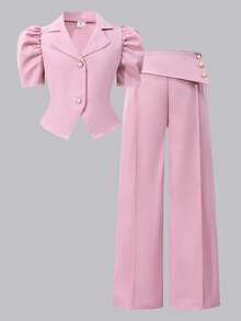 SHEIN Conjunto informal de niña preadolescente con chaqueta de manga de pétalo de un solo botonadura de unicolor y pantalones de pierna ancha - Rosa Pálido - Ver 6