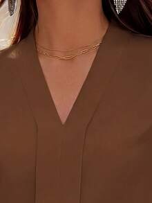 Balvessa Solid Color V-Neck Minimalist Design Elegant Summer Versatile Blouse - Coffee Brown - View 3