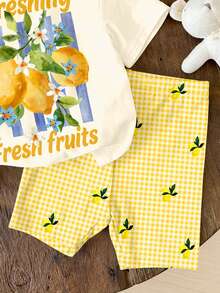 SHEIN Sweet Retro Cream Lemon Tree Print Pattern, Fresh Yellow Plaid Print Pattern, Resort Countryside Style, Baby Girl Casual Loose Round Neck Short Sleeve T-Shirt And Skinny Bike Shorts Set, Suitable For Spring/Summer, Cute Summer Outfits For Summer Kids Items, Summer Outing Items, Korean Style, Easy Comfort, Stylish Kids, Y2K, Kawaii, Party, Everyday, Vacation, Cute, Comfy, Summer 2026, Cottagecore, Weekend Casual, Family Outing, Photoshoot Outfits, Chill Chill, Baby & Kids Graphic Tops - Multicolor - View 5