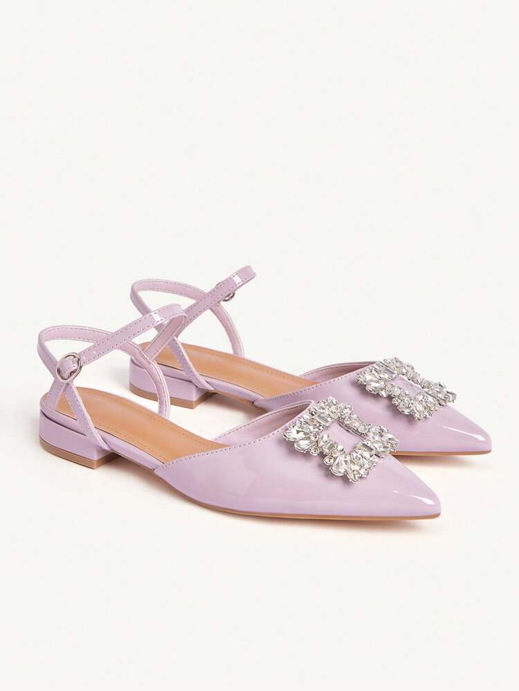 CUCCOO CHICEST Women Shoes Spring And Summer New French Low Vamp Pointed Toe Low Heel Flat Sole Shoes, Temperament Rhinestone Square Buckle Sexy Fashion Elegant Comfortable Not Tired Feet Fairy Style High Sense Closed Toe Sandals