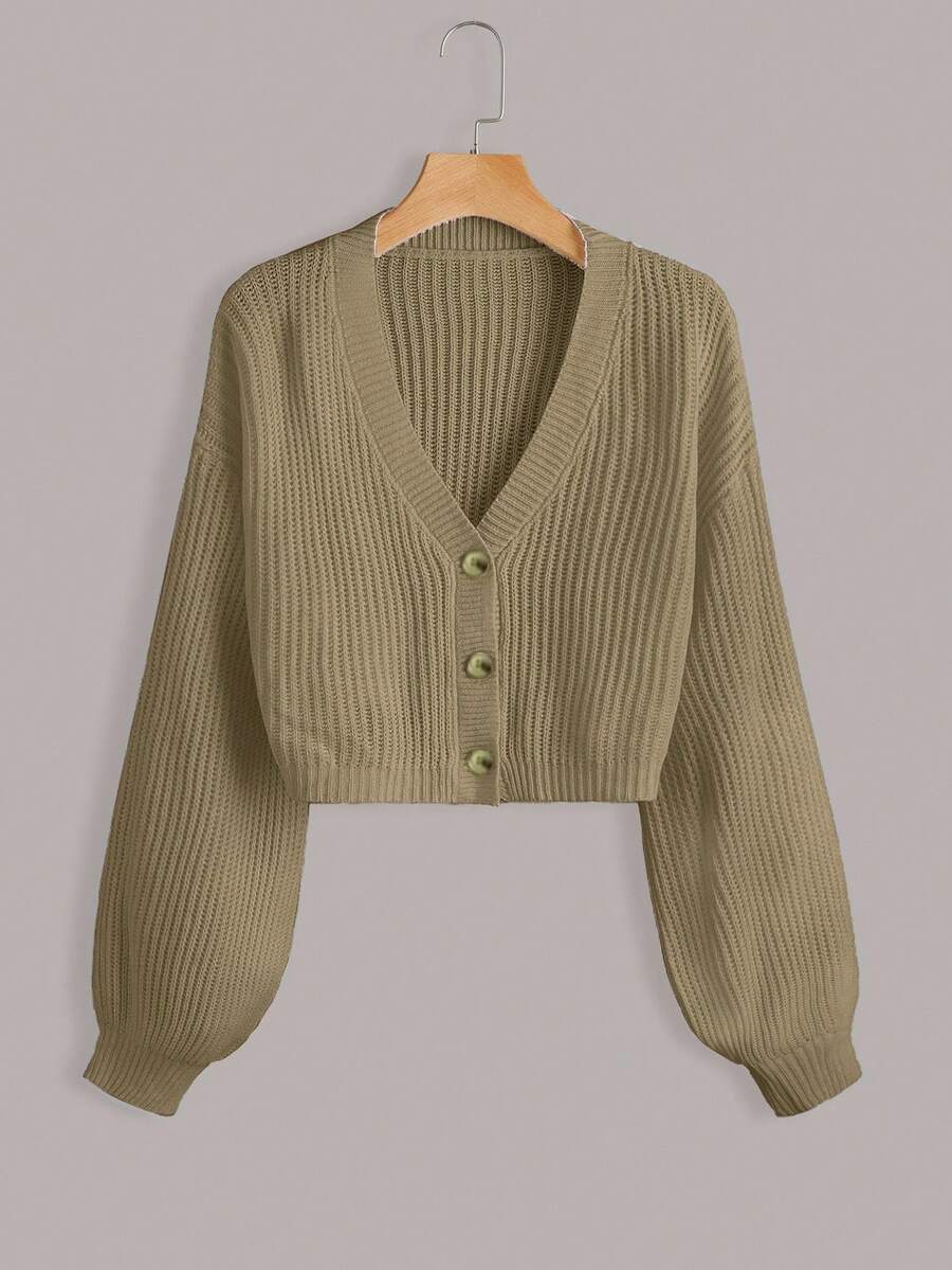EURMUSE White Lantern Sleeve Button Front Rib Knit Cardigan - Camel - View 1