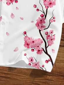 Manfinity Joysei Men's Loose Fit Cropped Shirt With Sakura Floral Pattern, Casual Summer Outerwear - White - View 3