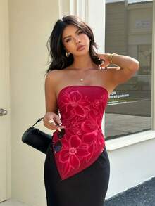 Aloruh 女士优雅印花不对称下摆抹胸上衣，夏季 - 淺粉色 - 查看 5