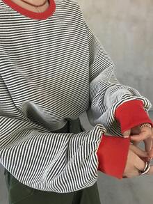 FRIFUL 女士圆领条纹休闲百搭日常穿搭T恤 - 紅色 - 查看 5