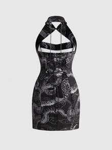 ROMWE Avant Dark Gothic Chinese Style Halter Neck Dress - Blue - View 10