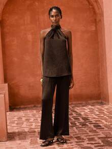 Maija Women's Solid Color Mandarin Collar Sleeveless Backless 2 Pieces Set, Fashionable For Summer - Brown - View 8