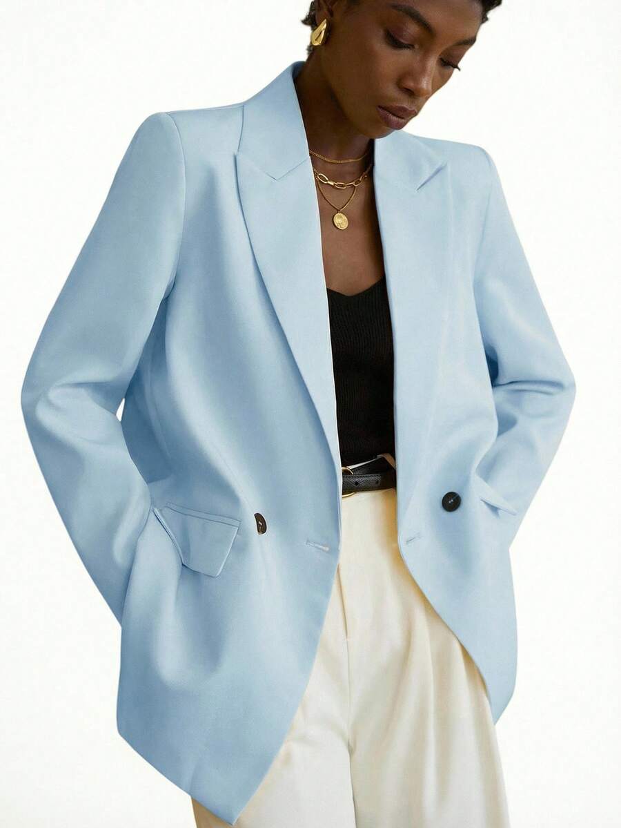 Aveloria Modichic 女士简约优雅通勤披肩领双排扣西装外套 - 淺藍色 - 查看 1