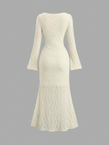 Sweetra Solid Color Square Neck Long Sleeve Dress, New Spring/Autumn Sexy Lace-Up Dress - Apricot - View 2
