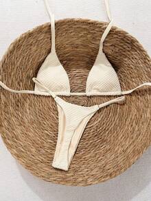 Swim Vcay 2026 Spring/Summer Spaghetti Strap Textured Apricot Fabric Non-Padded V-Shape Triangle Cup Cotton Side High-Cut Tie-Side Bikini Women's Swimsuit 2 Pieces Set, Sweet Vacation - Apricot - View 1