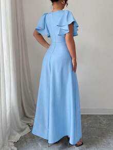 Elenzga Gaun A-Line Lengan Ruffle Leher V Musim Semi/Panas Wanita Ukuran Plus, Kain Tampilan Denim yang Elegan dan Romantis untuk Musim Gugur - Biru - View 2