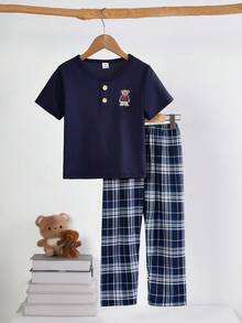 SHEIN Genkimix Kids 两件套男童可爱小熊图案T恤和格子印花长裤休闲睡衣套装 - 藏蓝色 - 查看 8
