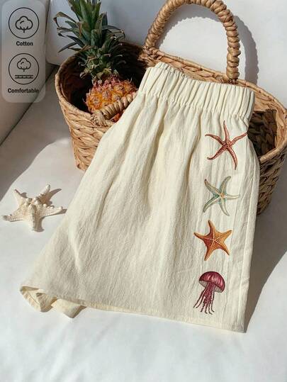 Comfortcana 2026 Spring/Summer New 100% Cotton White Women's Cotton Feel Starfish Pattern Shorts,Winter,Easter,Party ,Beach,Wedding,Graduation,Elegant,Casual,Vacation,Sports, Formal,Y2k,Business,Sequin,Fringe,Ruffle,Flower,Graphic, Starfish Skirt
