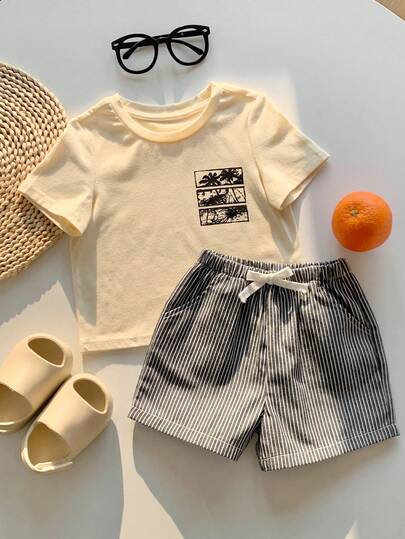 SHEIN 2件套男/女婴可爱卡通印花短袖T恤和条纹弹力腰短裤套装，夏季休闲度假装