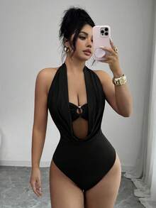 Elenzga Body de mujer con escote halter, espalda descubierta y diseño calado, de moda y sexy para el verano - Negro - Ver 2