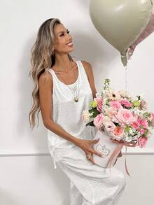 Easowa 不对称下摆蕾丝拼接无袖上衣，休闲宽松优雅通勤复古度假风女装，春夏女士度假套装，女士夏季连衣裙，女士夏季服装，女士春季套装，女士夏季套装，度假装，女士夏季服装，女士休闲夏季服装 - 白色 - 查看 6