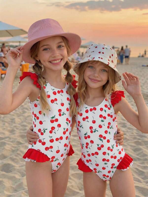 1件可爱樱桃印花女童连体泳衣